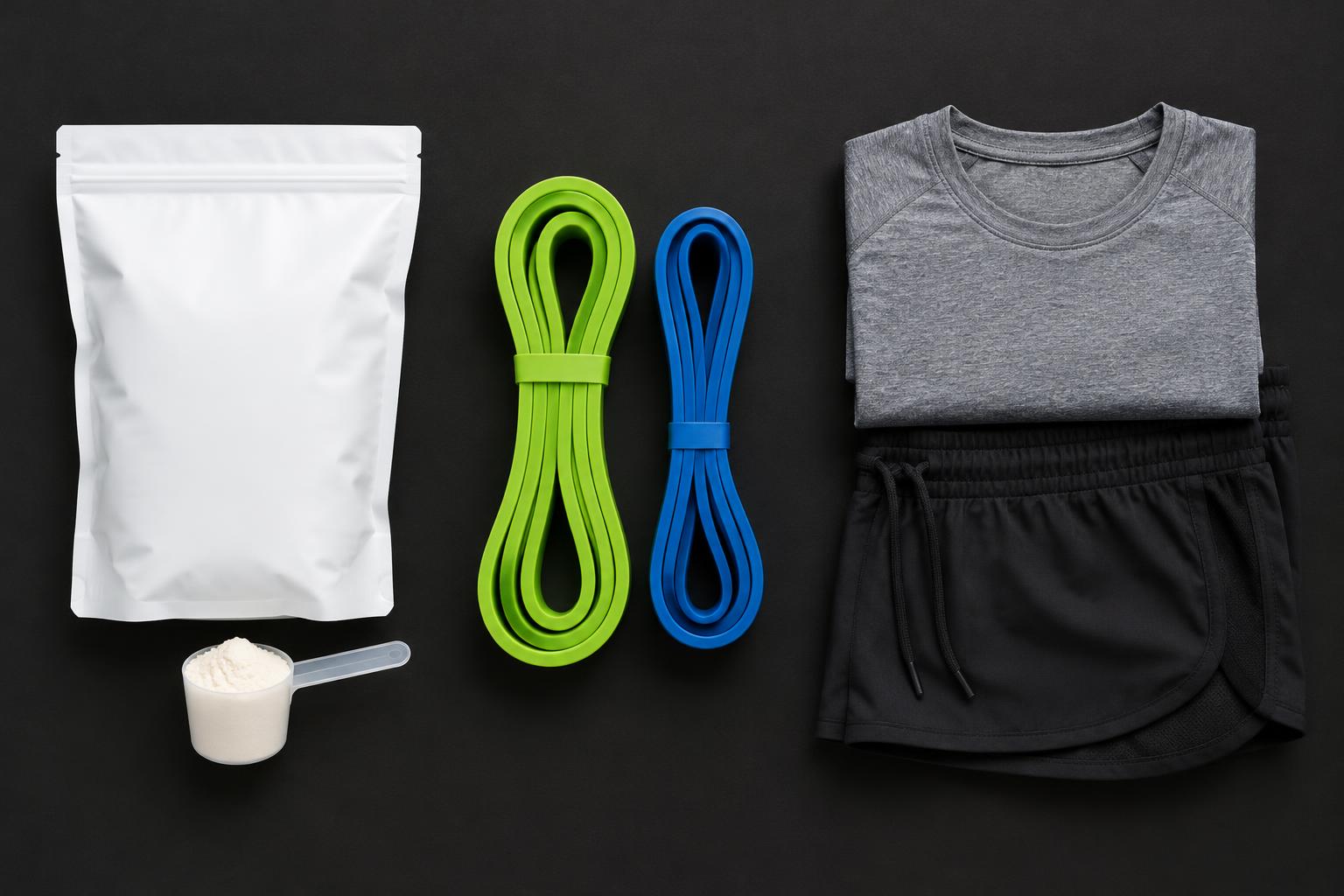 Protein powder, resistance bands and gym clothing